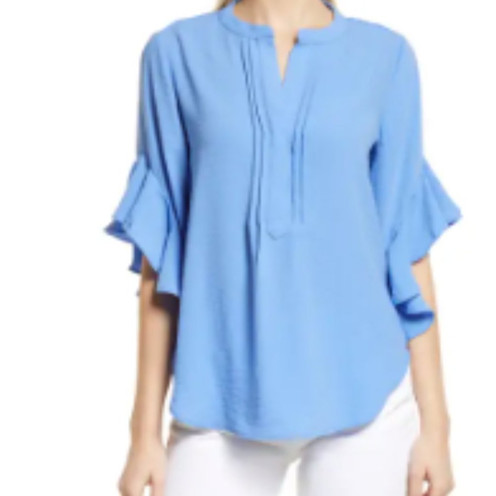 Vince Camuto Ruffle Sleeve Split Neck Blouse (Color Blue Jay)